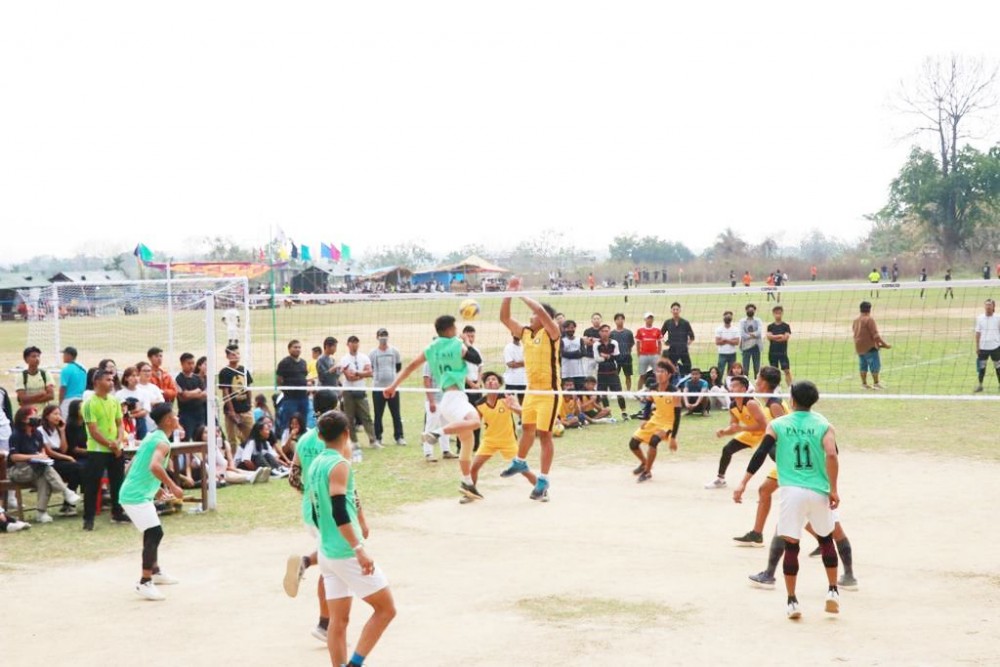 A volleyball match in progress on the Day-I of 1st Patkai Trophy 2023 held at the college playground on March 30. (Morung Photo)